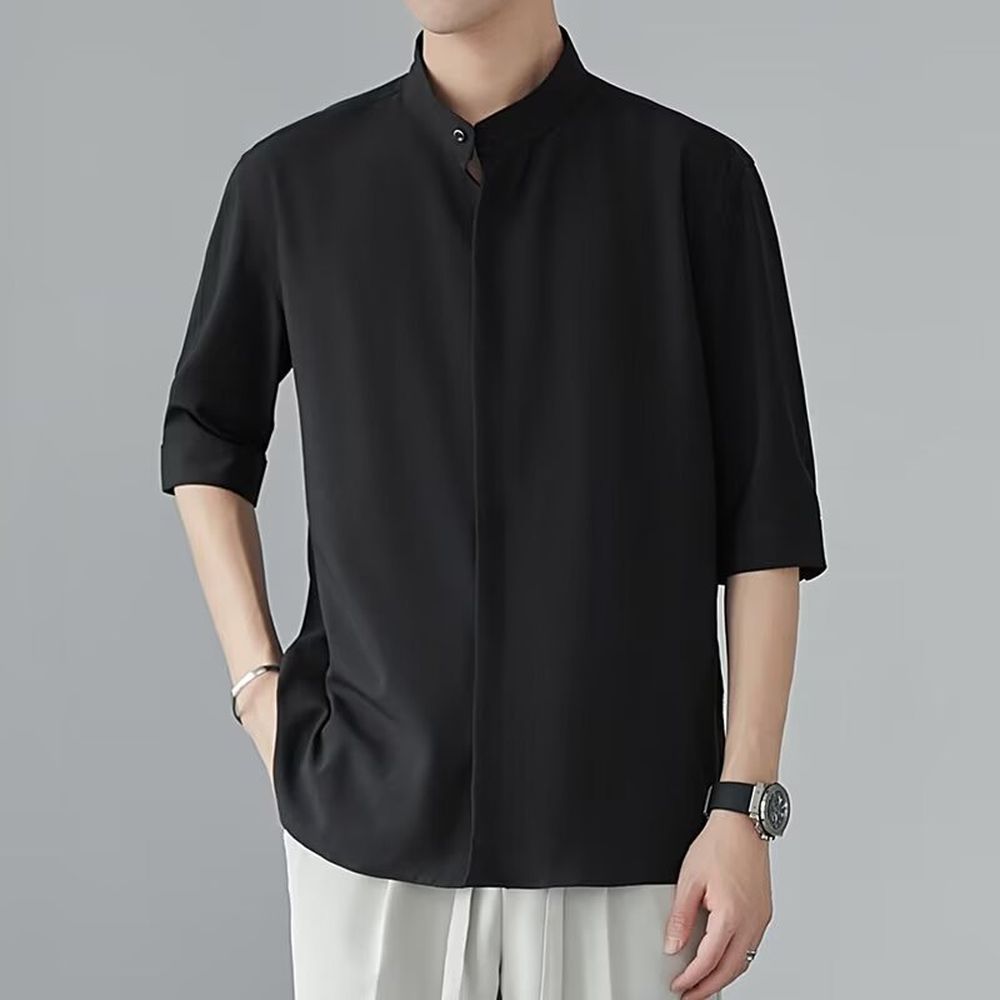 Men's Ice Silk Drape Shirt With Stand Collar And Short Sleeves